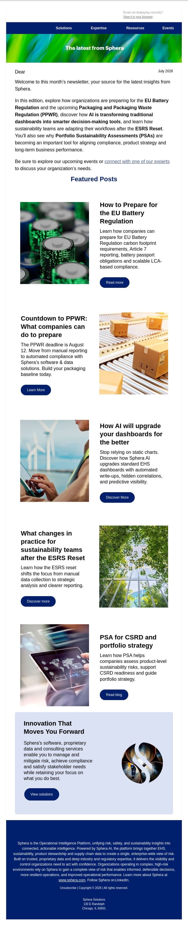 July Insights: AI, Sustainability and What's Next for Business email from Sphera screenshot