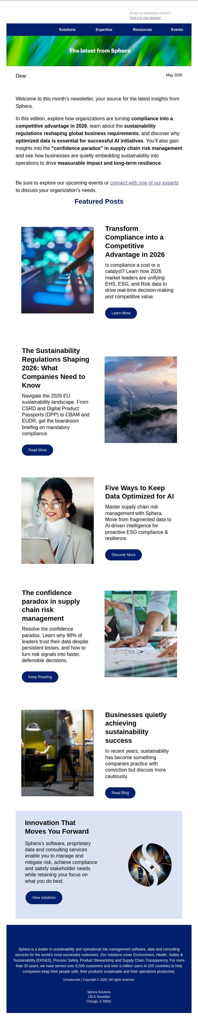 5 New Insights on Sustainability, Compliance and Risk in 2026 email from Sphera screenshot