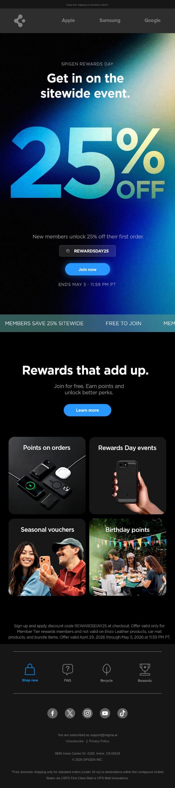Join for free. Your 25% is waiting. email from Spigen screenshot