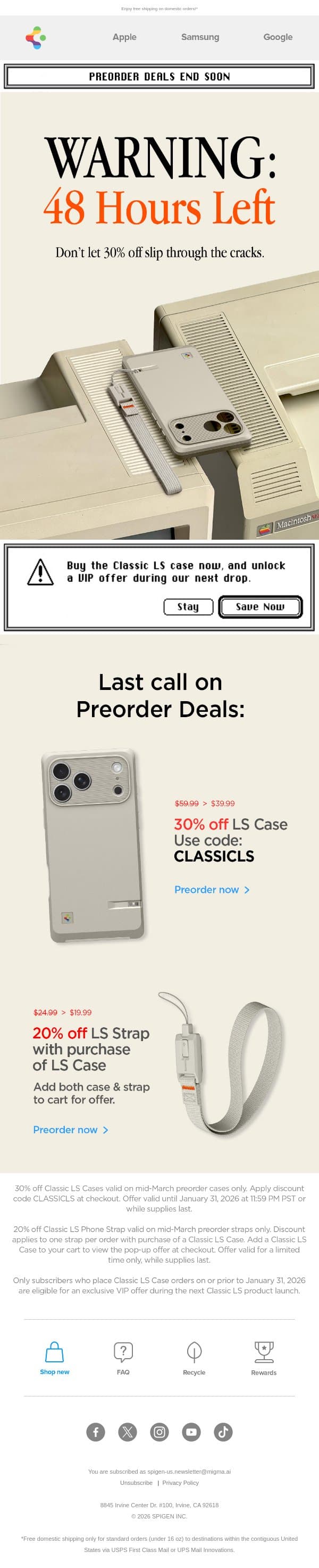 48 Hrs Left: Classic LS Deals email from Spigen screenshot
