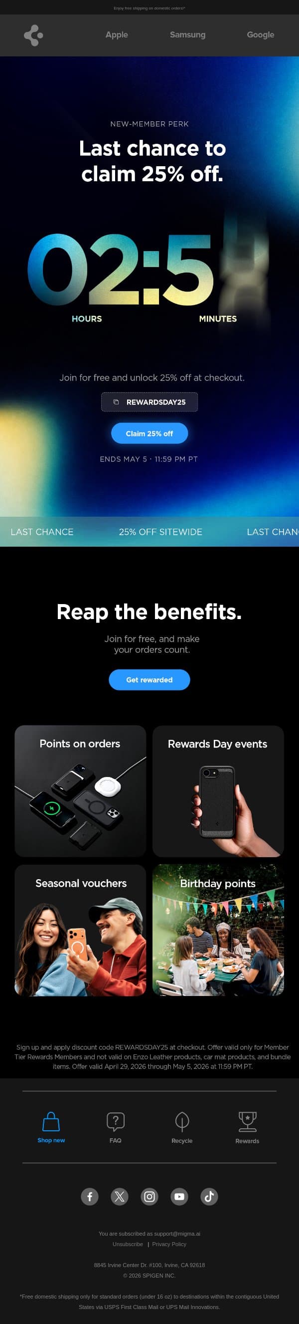 Final Hrs: Rewards Day Insider Access email from Spigen screenshot