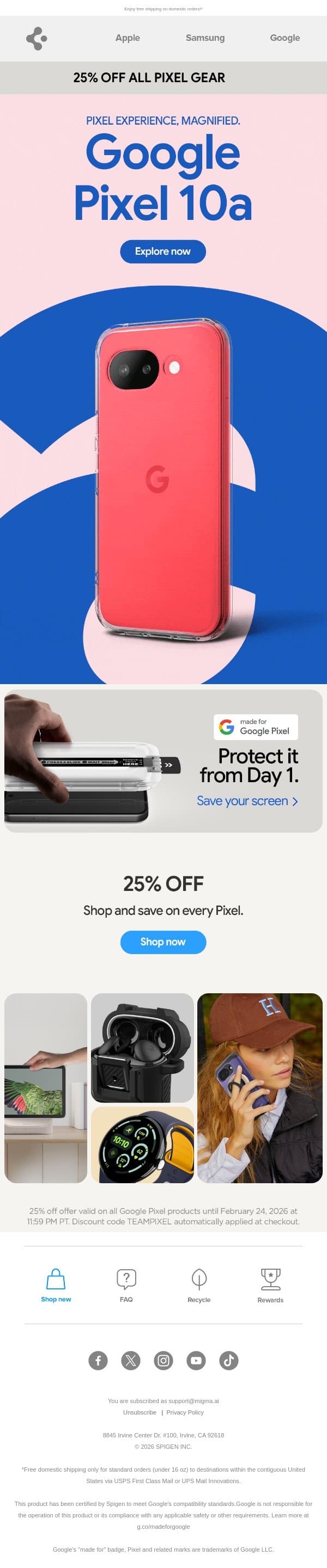 Just Dropped: Google Pixel 10a email from Spigen screenshot