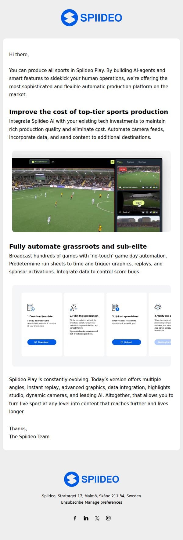 Produce sport at any level with Spiideo Play email from Spiideo screenshot