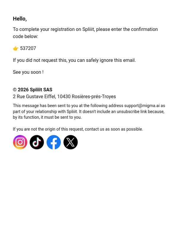 Confirm your email address email from Spliiit screenshot