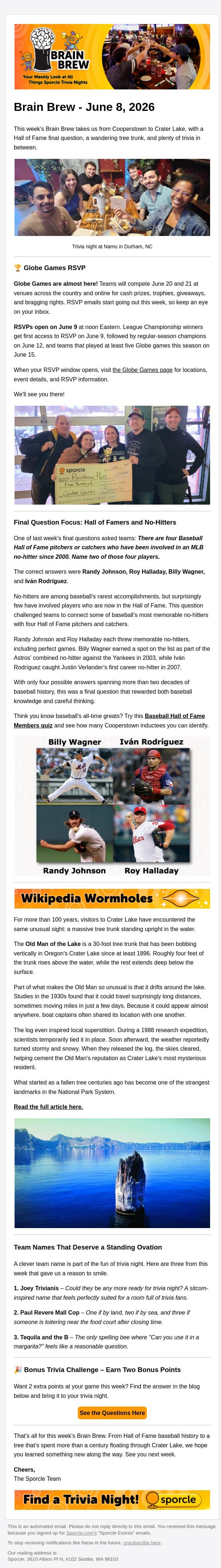 From Cooperstown to Crater Lake email from Sporcle screenshot