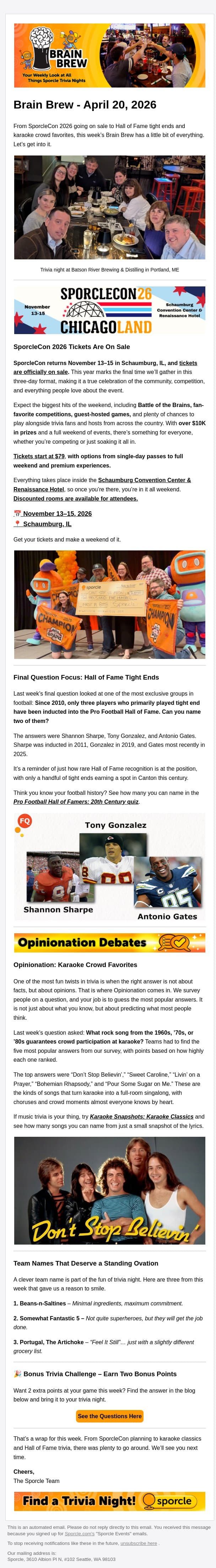 SporcleCon 2026, Karaoke Classics, and Hall of Fame Trivia email from Sporcle screenshot