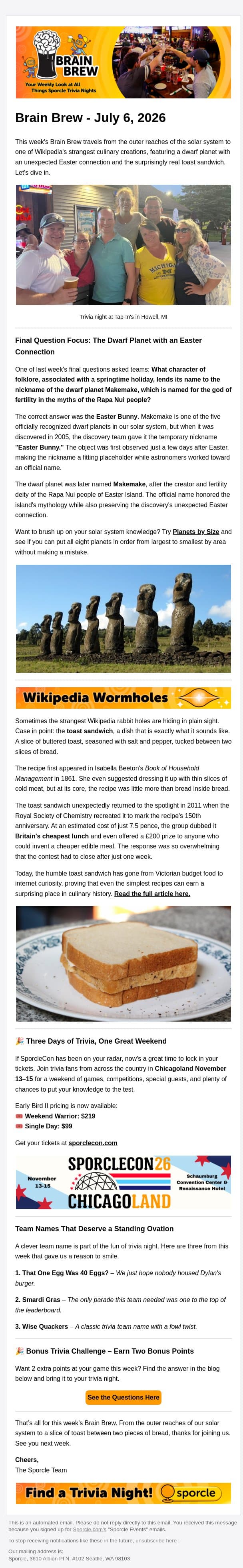 From Space to Sandwiches email from Sporcle screenshot