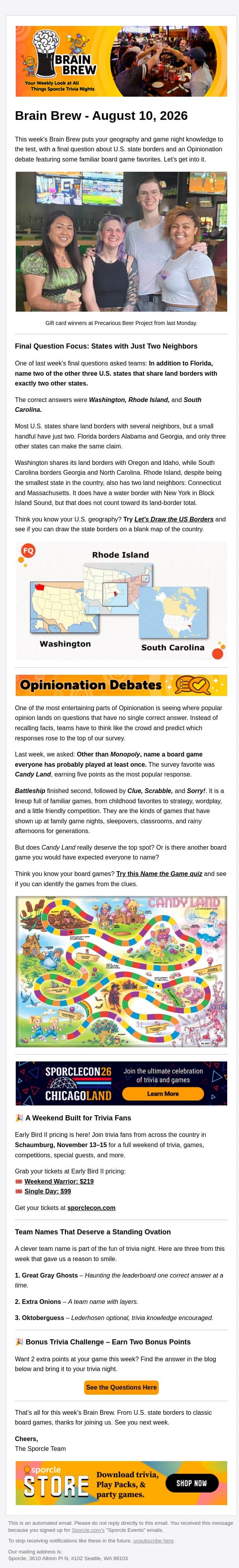50 States & Game Night Greats email from Sporcle screenshot