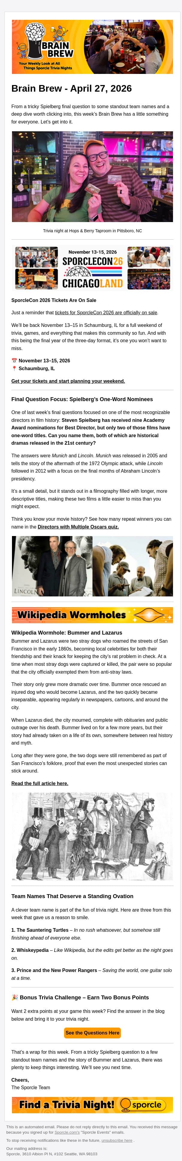 A Spielberg Stumper, Two Famous Dogs, and SporcleCon 2026 email from Sporcle screenshot