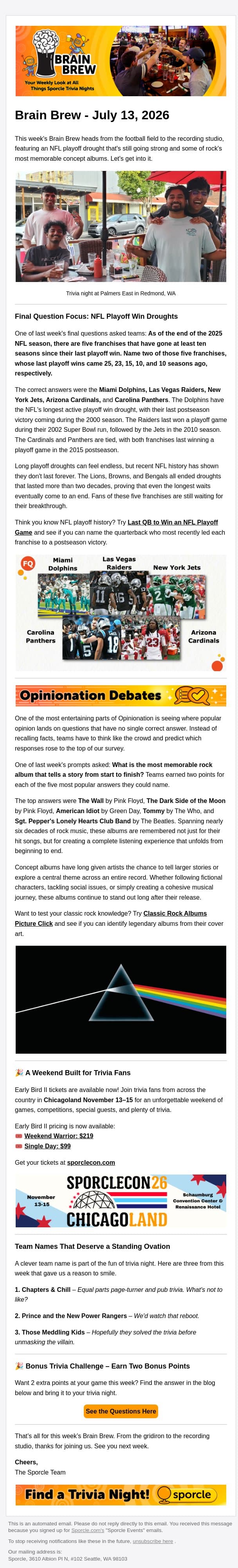 NFL Droughts, Rock Classics, and More email from Sporcle screenshot
