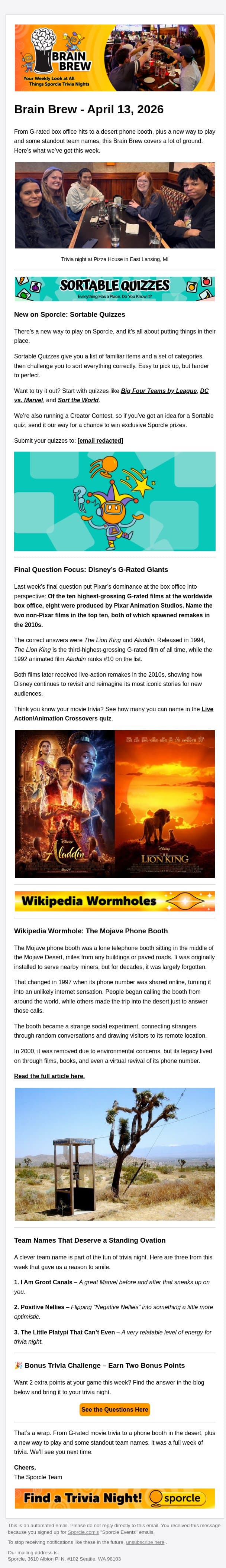 Disney Classics, Desert Mysteries, and a New Way to Play email from Sporcle screenshot