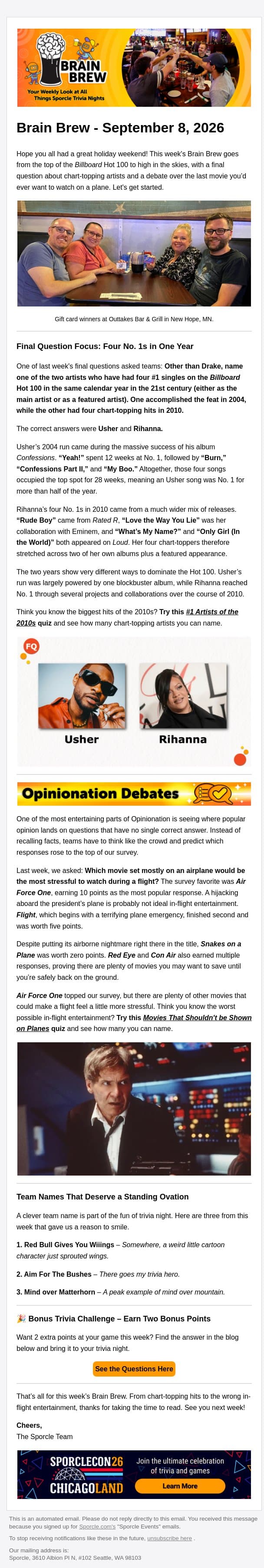 Chart-Toppers and In-Flight Nightmares email from Sporcle screenshot