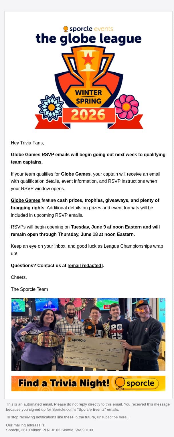 Globe Games RSVPs Open Next Week email from Sporcle screenshot