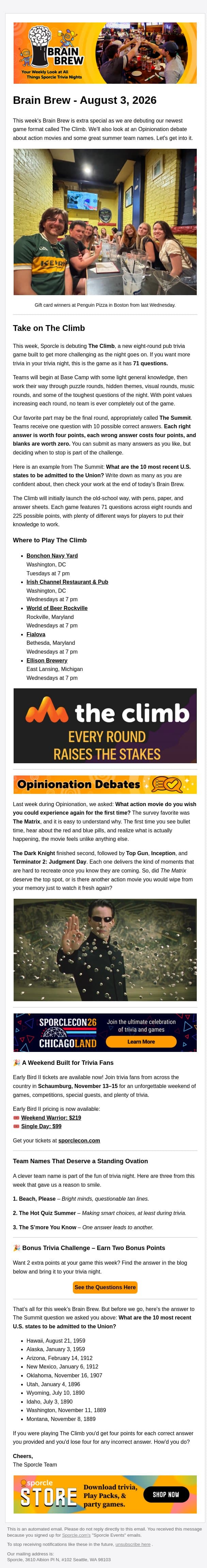 Take On The Climb email from Sporcle screenshot