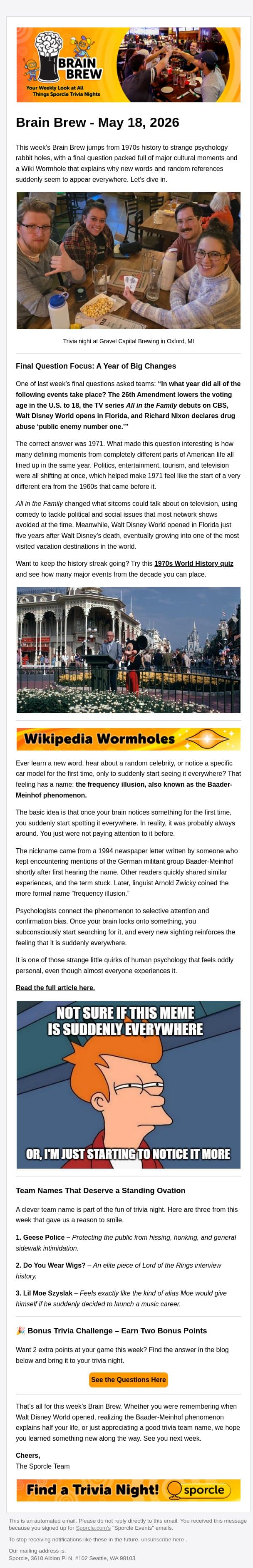 One Very Busy Year and a Strange Brain Trick email from Sporcle screenshot