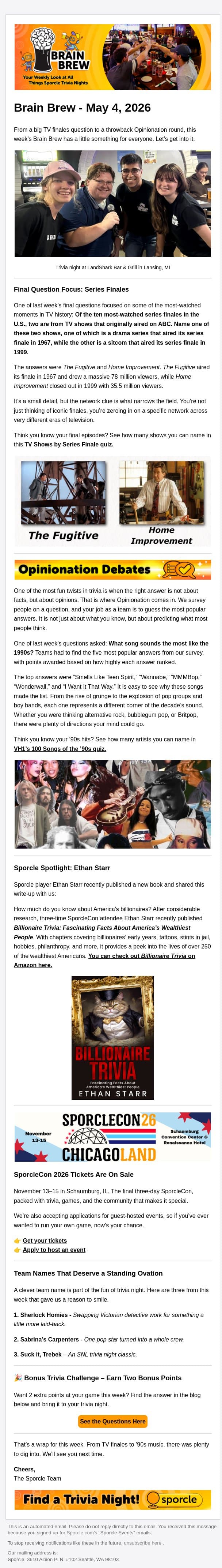 Record-Breaking TV Finales and Peak ’90s Hits email from Sporcle screenshot