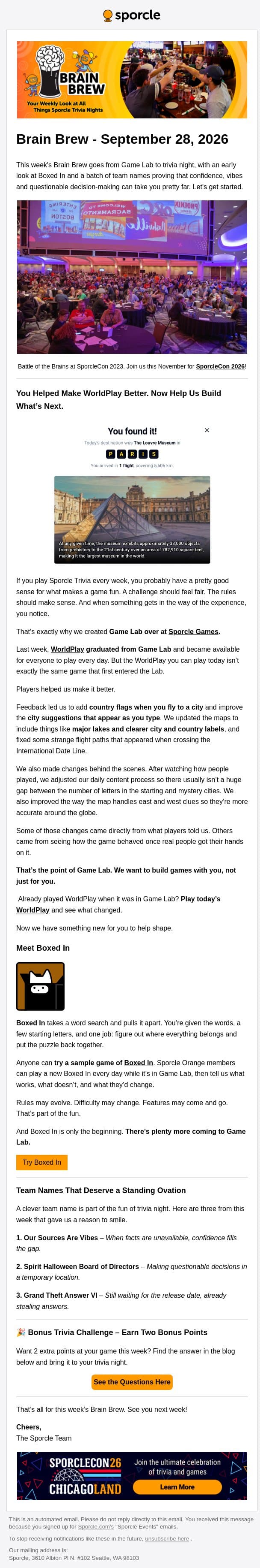 WorldPlay Graduated. Boxed In Is Up Next. email from Sporcle screenshot