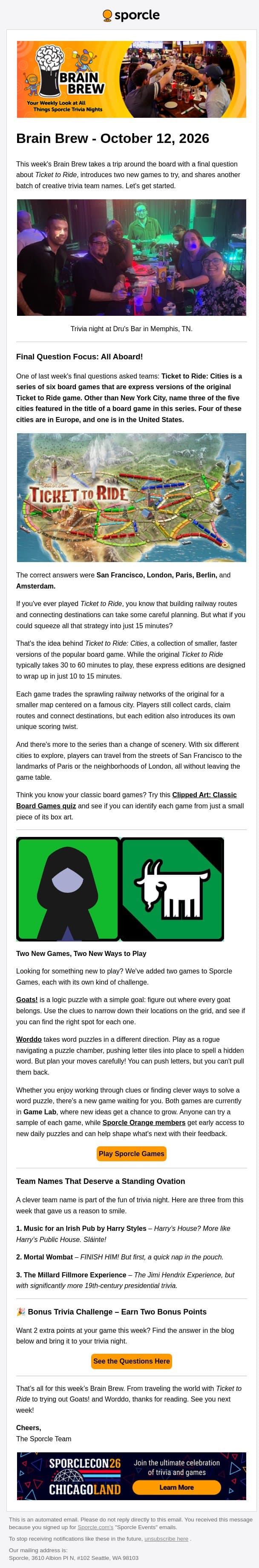 Your Ticket to Two New Games. email from Sporcle screenshot