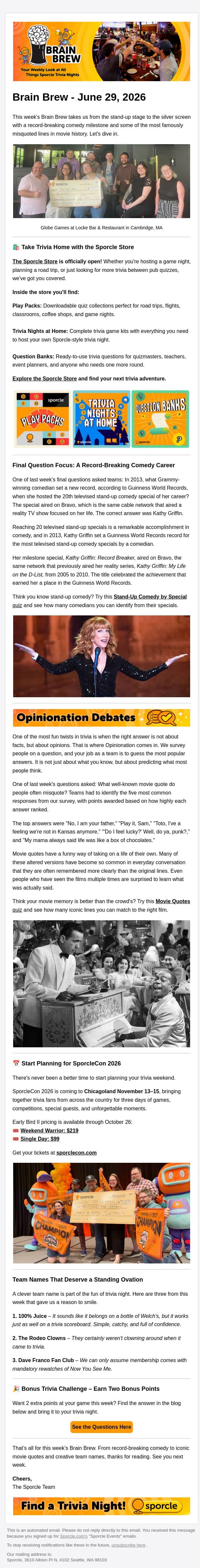 Comedy Records & Movie Misquotes email from Sporcle screenshot