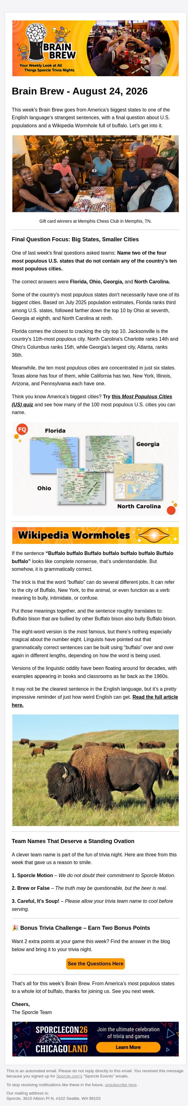 How Many Buffalos Make a Sentence? email from Sporcle screenshot