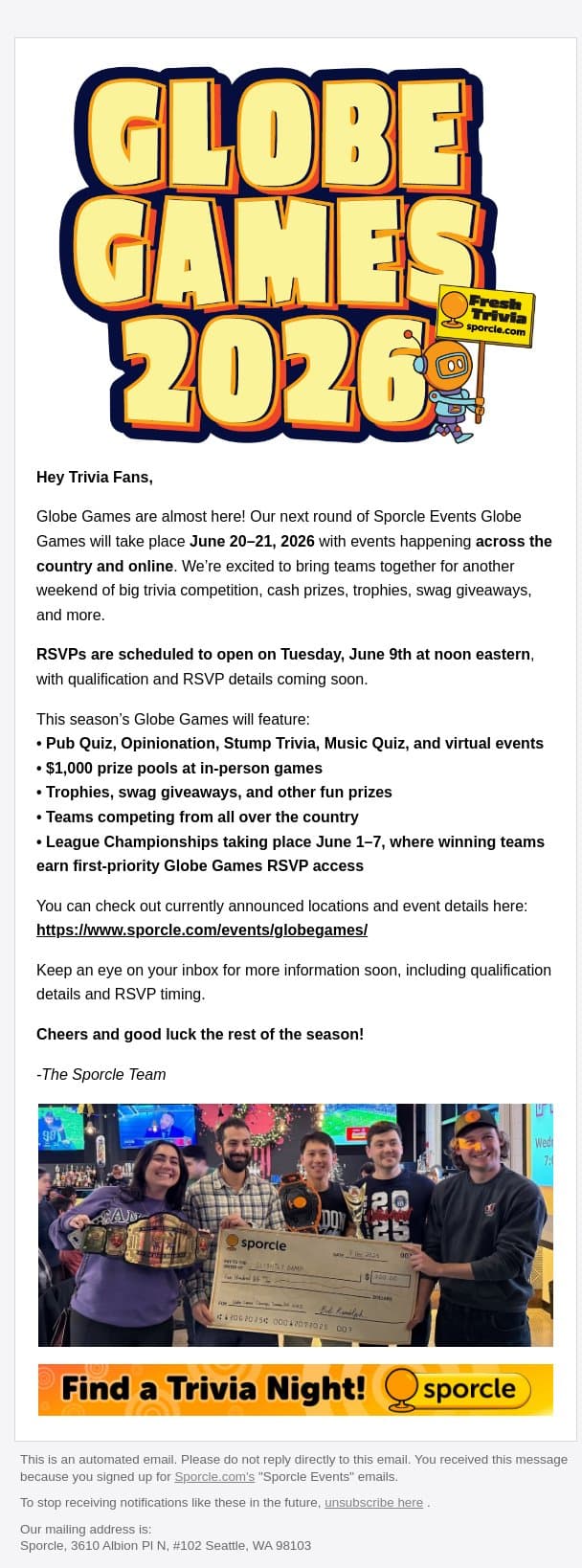 Globe Games Are Coming Soon! email from Sporcle screenshot