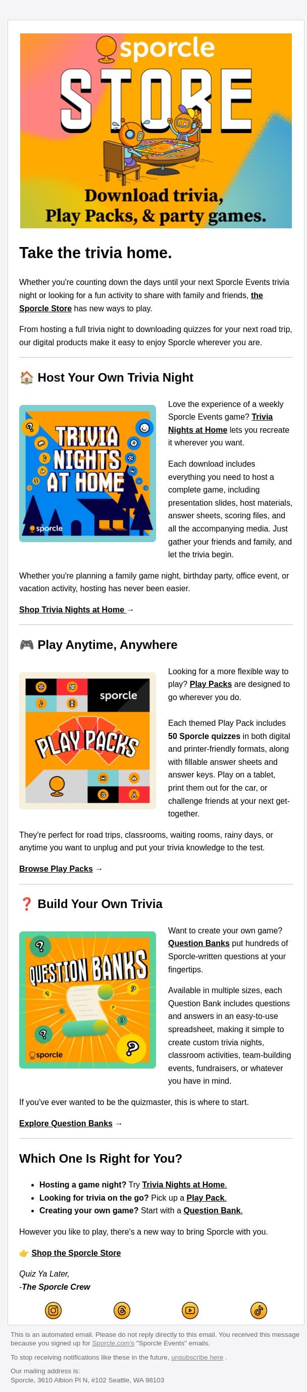 Take the Fun Home with the Sporcle Store email from Sporcle screenshot