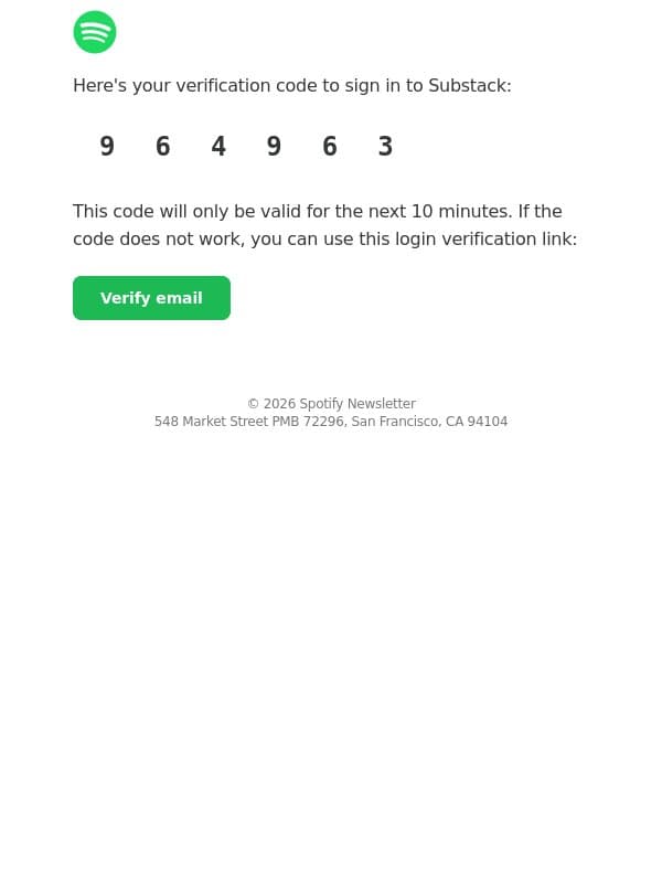 964963 is your Substack verification code email from Spotify screenshot