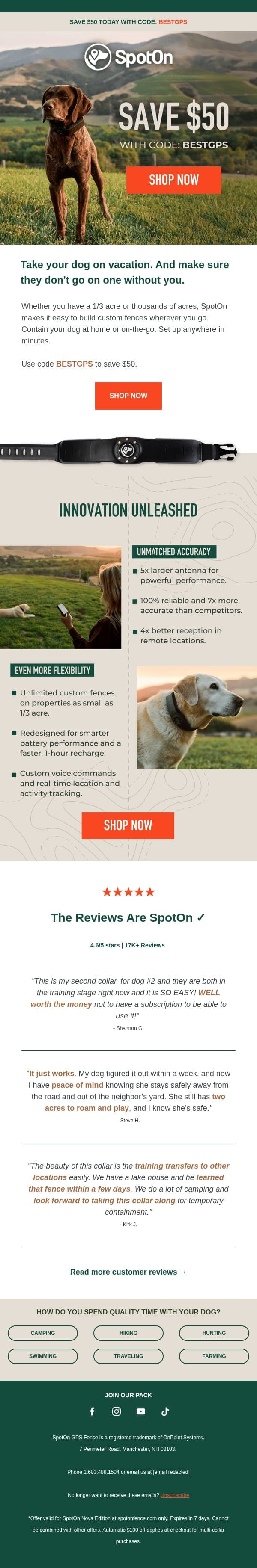 Unlimited fences. One collar. $50 off. email from SpotOn screenshot