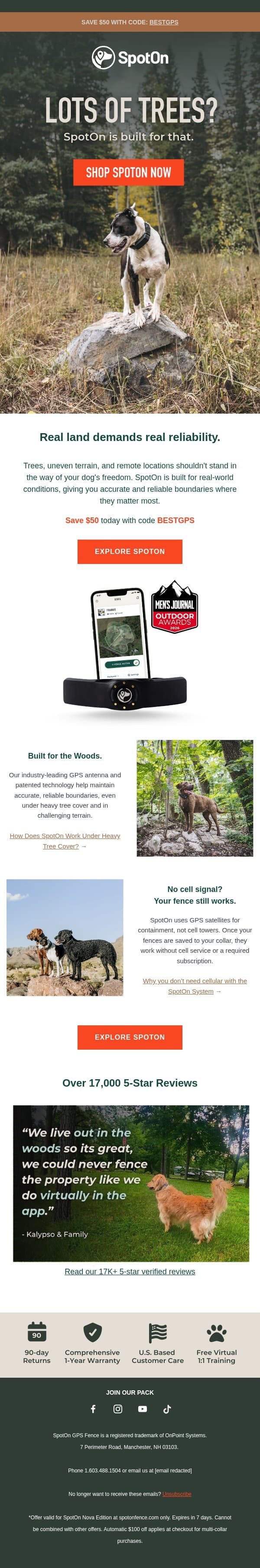 Do trees interfere with GPS dog fences? email from SpotOn screenshot