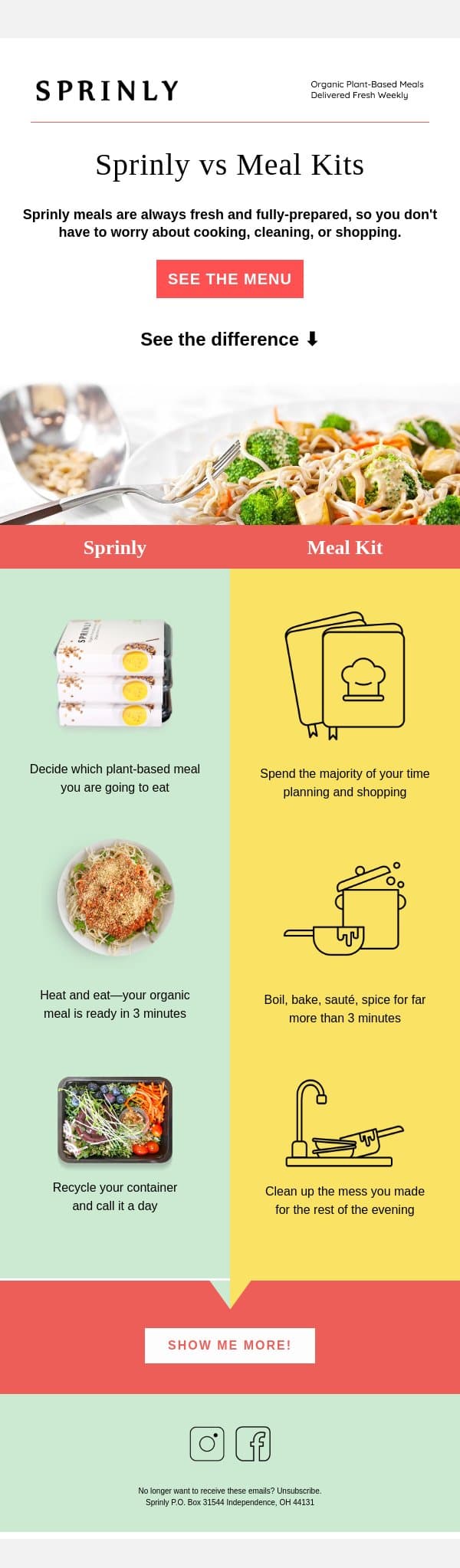 Honestly healthy + fully prepared meals email from Sprinly screenshot
