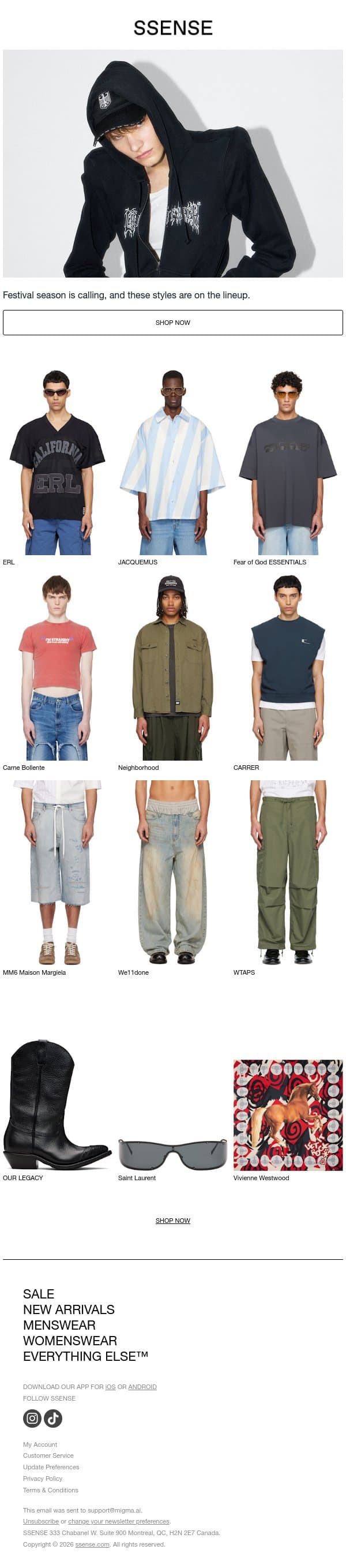 Festival Fits Incoming email from SSENSE screenshot