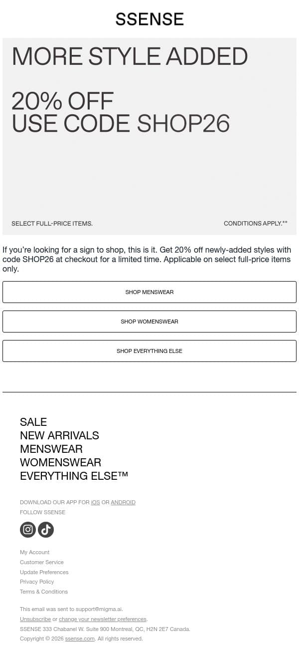 20% off More Styles Added email from SSENSE screenshot