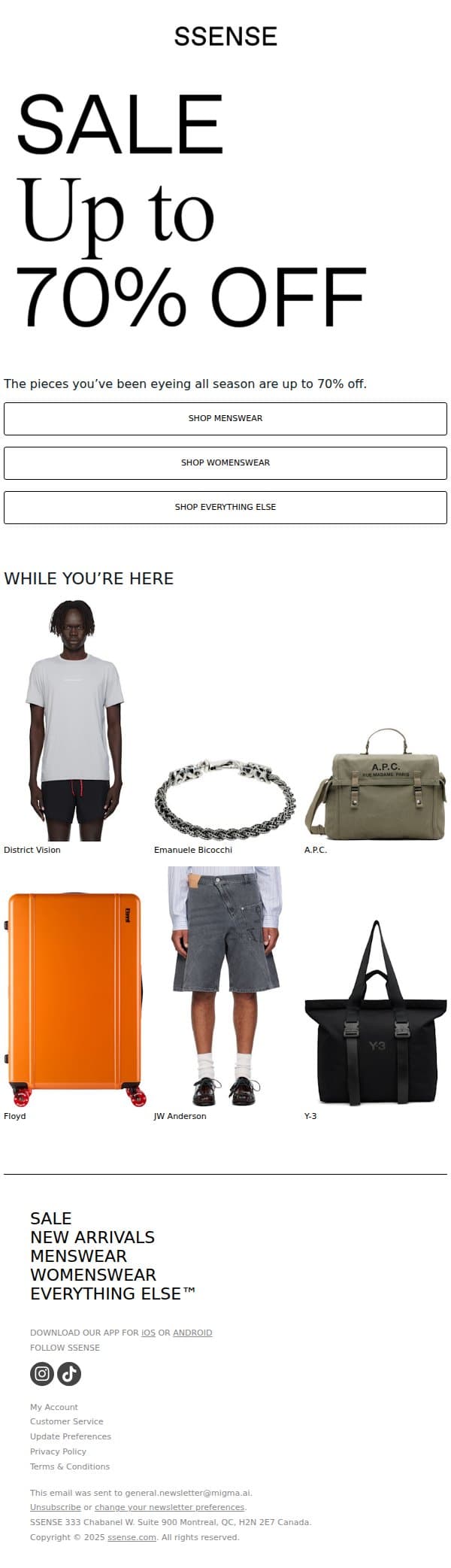 Up to 70% off Starts Now email from SSENSE screenshot