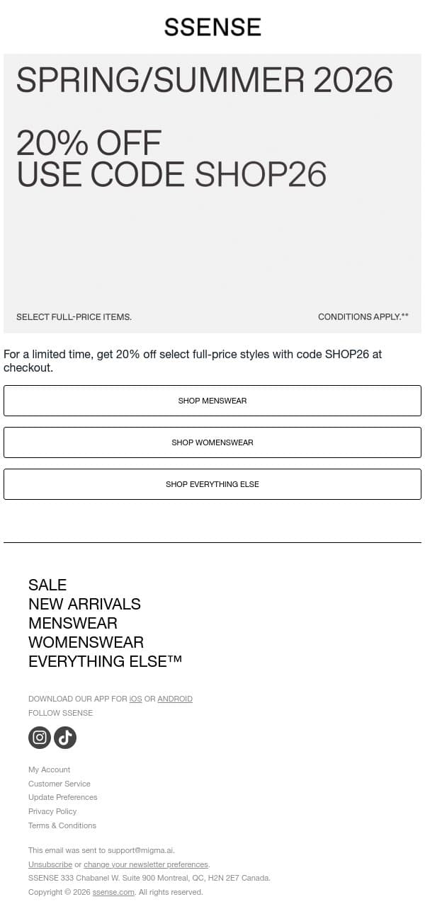20% off Starts Now email from SSENSE screenshot