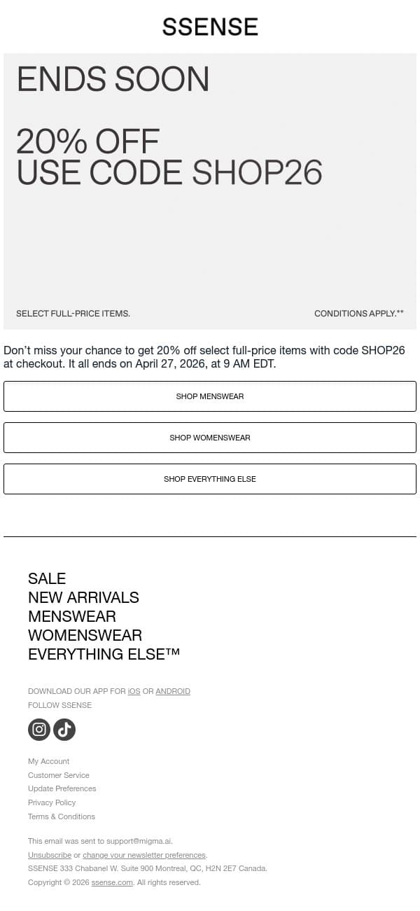 Last Call for 20% Off email from SSENSE screenshot