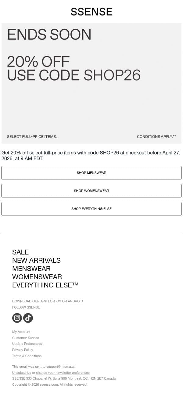 20% off Ends Soon email from SSENSE screenshot