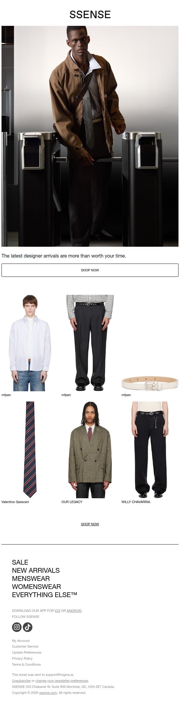 New arrivals, right on time email from SSENSE screenshot