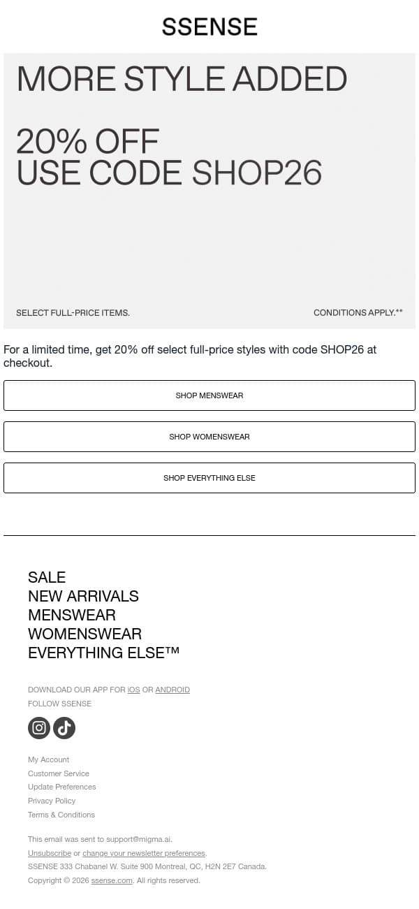 Don’t Miss 20% Off email from SSENSE screenshot
