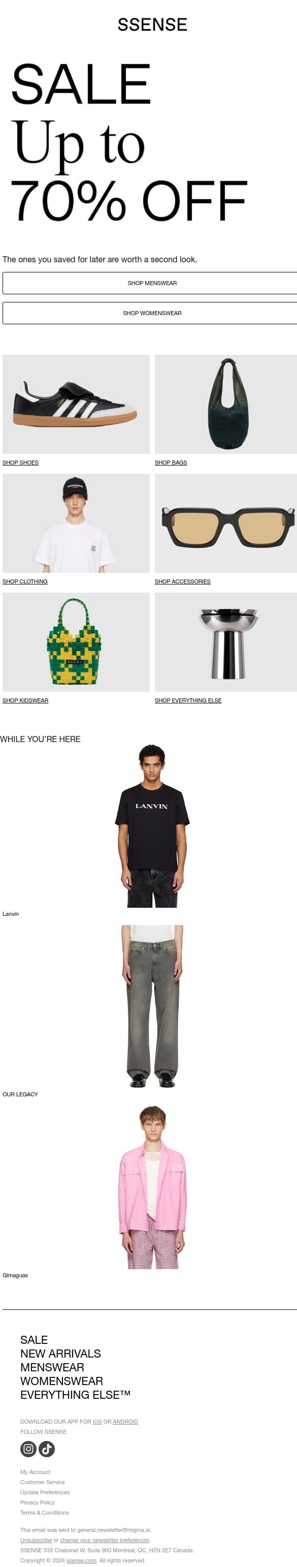 The Ones You Want, Now up to 70% Off email from SSENSE screenshot