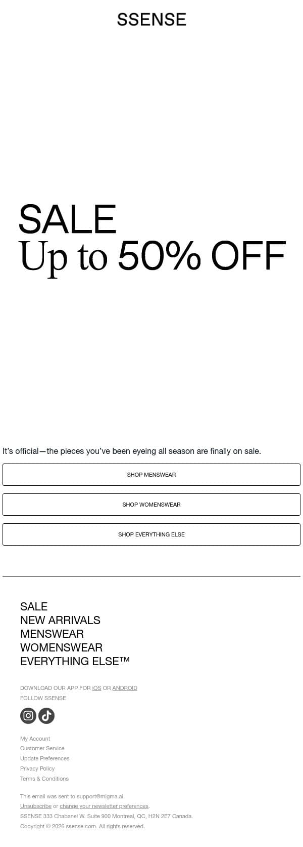 The SSENSE Sale Starts Now email from SSENSE screenshot