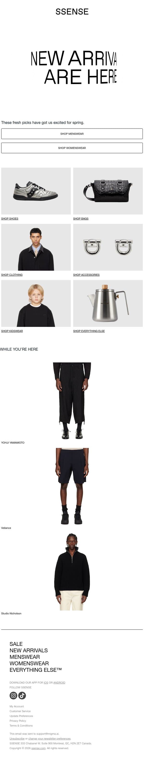 Fresh Arrivals, Just on Time email from SSENSE screenshot