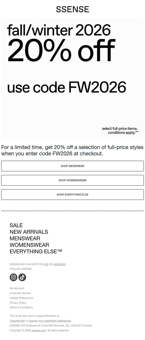 Claim Your 20% Off Now email from SSENSE screenshot