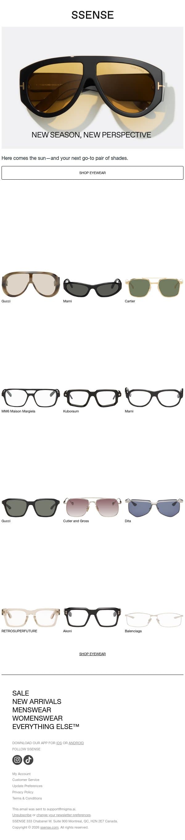 Sunny With a Chance of New Eyewear email from SSENSE screenshot