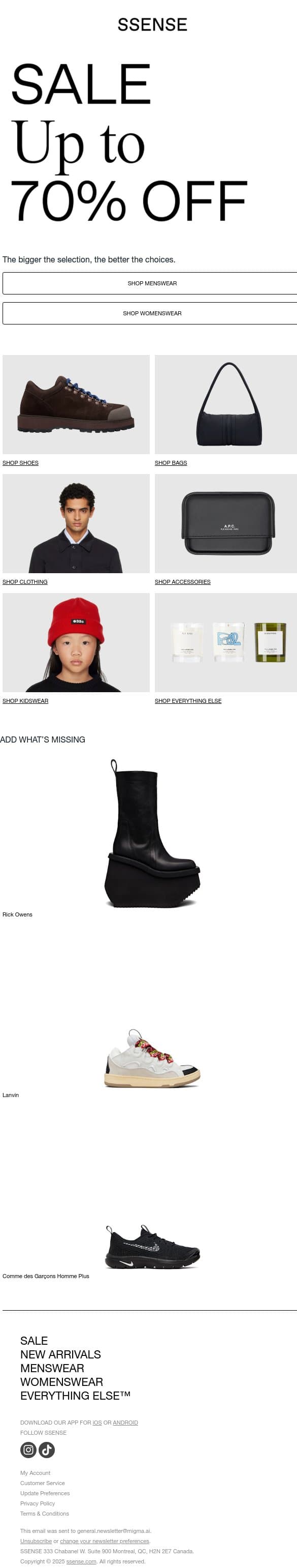 Up to 70% off More Styles email from SSENSE screenshot