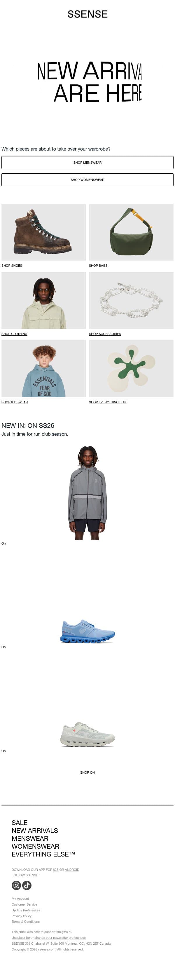 Inside: SS26 Newness email from SSENSE screenshot