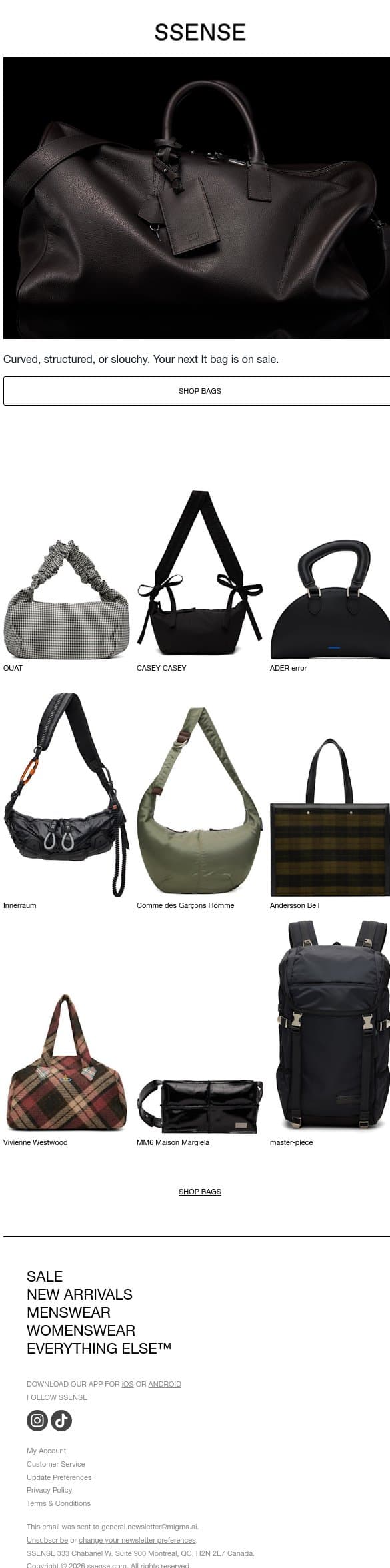 The Best Bags on Sale email from SSENSE screenshot