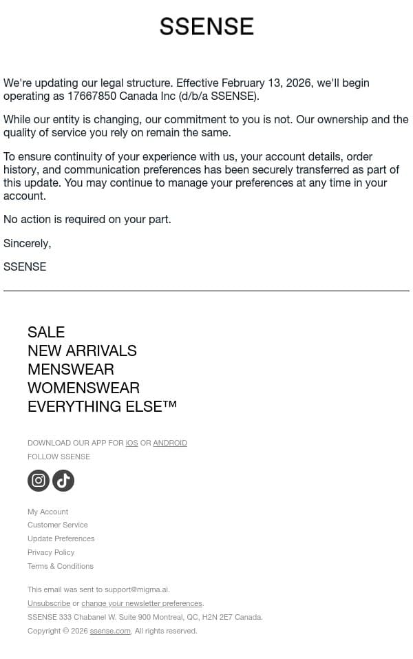 Admin notice: Legal entity update email from SSENSE screenshot