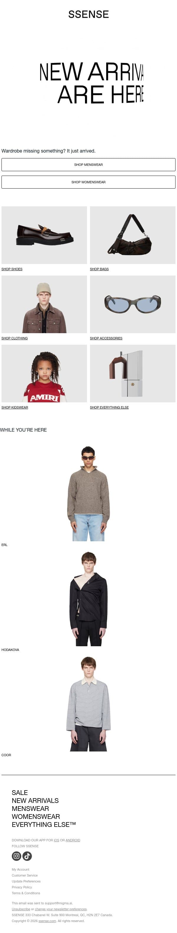 Just In, Already Trending email from SSENSE screenshot