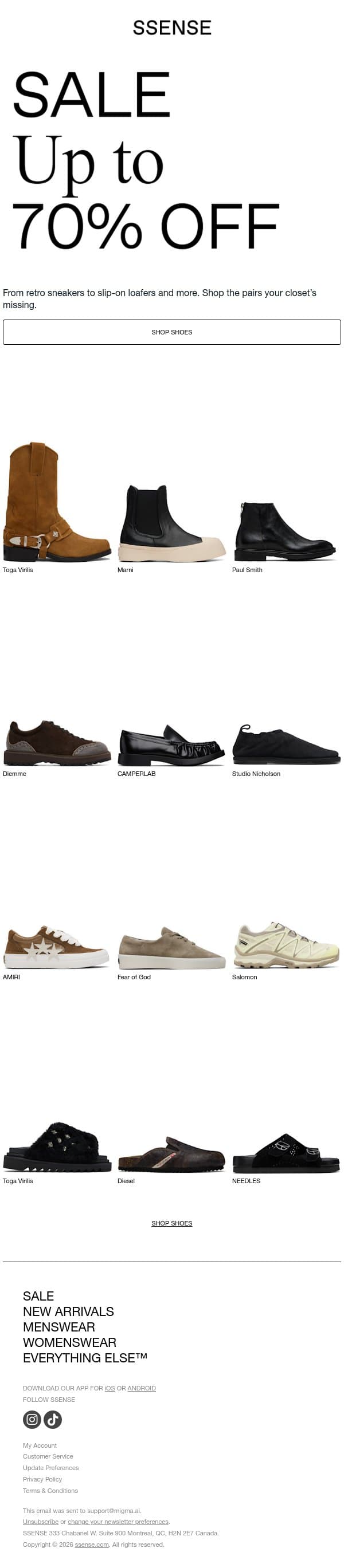 This Season’s Best Shoes email from SSENSE screenshot