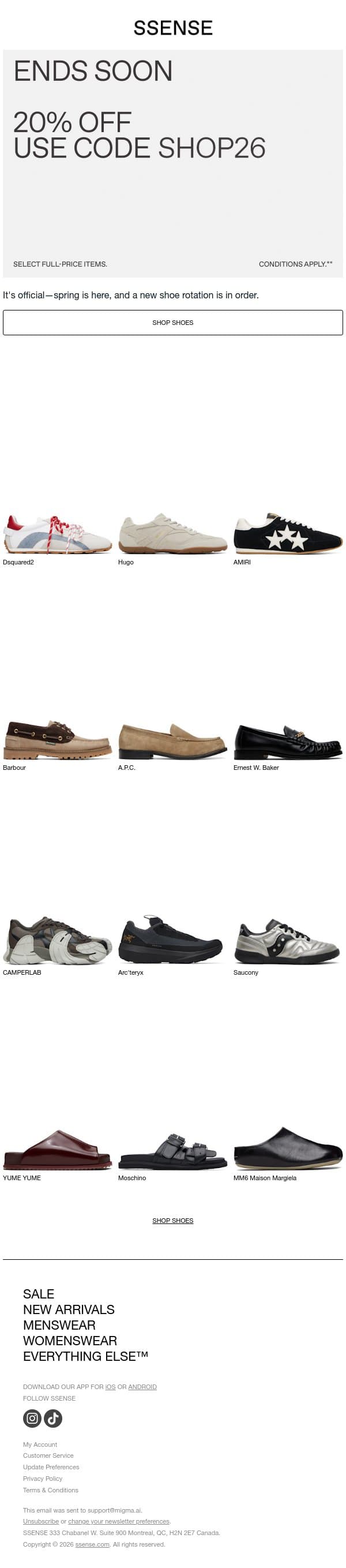 Rumor Has It, SS26 Shoes are Here email from SSENSE screenshot
